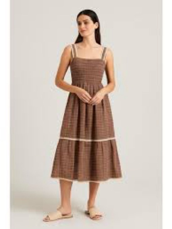 Cider Dresses & Skirts - Cider Brown Gingham Midi Dress with Square Neck and Trim